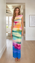 Front view of woman wearing Rainbow tie-dye maxi dress
