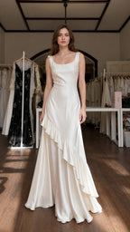 Model wearing Ivory satin maxi dress with cascading ruffle from front view
