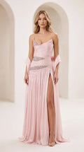 Pink strapless evening gown front view with slit and shawl
