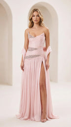 Pink strapless evening gown front view with slit and shawl