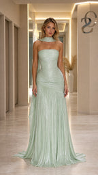Front view of Sage Green strapless evening gown with scarf