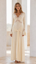 Front view of ivory lace-trimmed long sleeve maxi dress