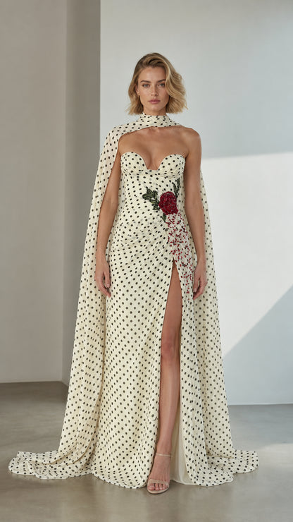 Front view of White Polka Dot Embellished Cape Evening Gown