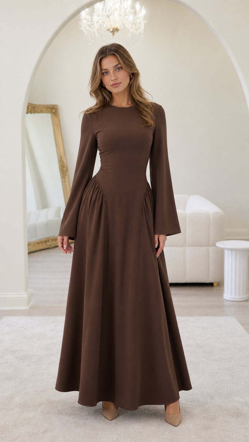 Front view of model wearing brown long-sleeve maxi dress