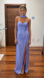 Lavender ruched halter maxi dress with front slit shown from the front