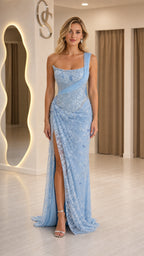 Front view of light blue one-shoulder lace evening gown with high slit
