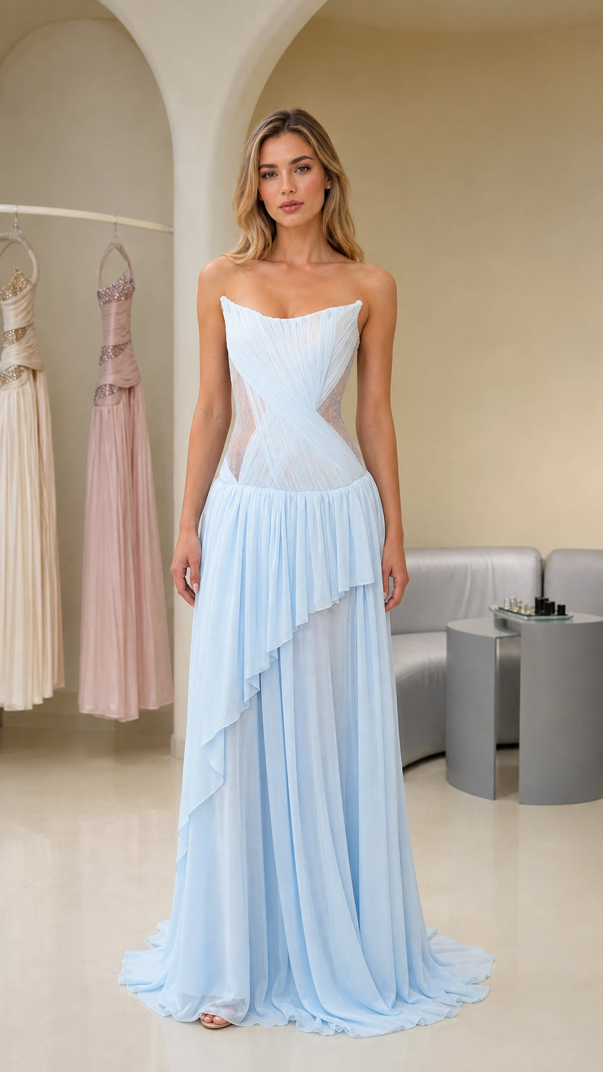 Front view of light blue strapless chiffon evening gown