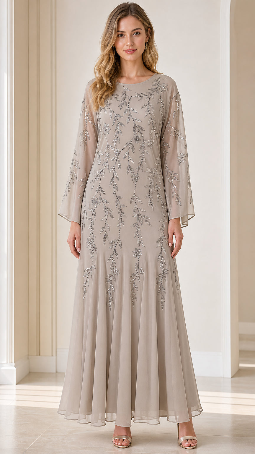 Front view of model wearing taupe sequin embroidered long sleeve maxi dress