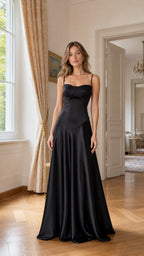 Front view of black satin spaghetti strap maxi dress