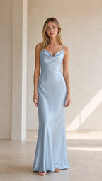 Front view of model wearing light blue satin cowl neck maxi slip dress