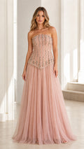 Front view of pink embellished strapless tulle evening gown