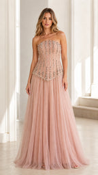 Front view of pink embellished strapless tulle evening gown
