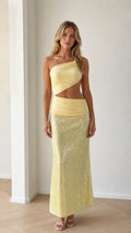 Front view of yellow one-shoulder cutout sequin two-piece maxi dress set