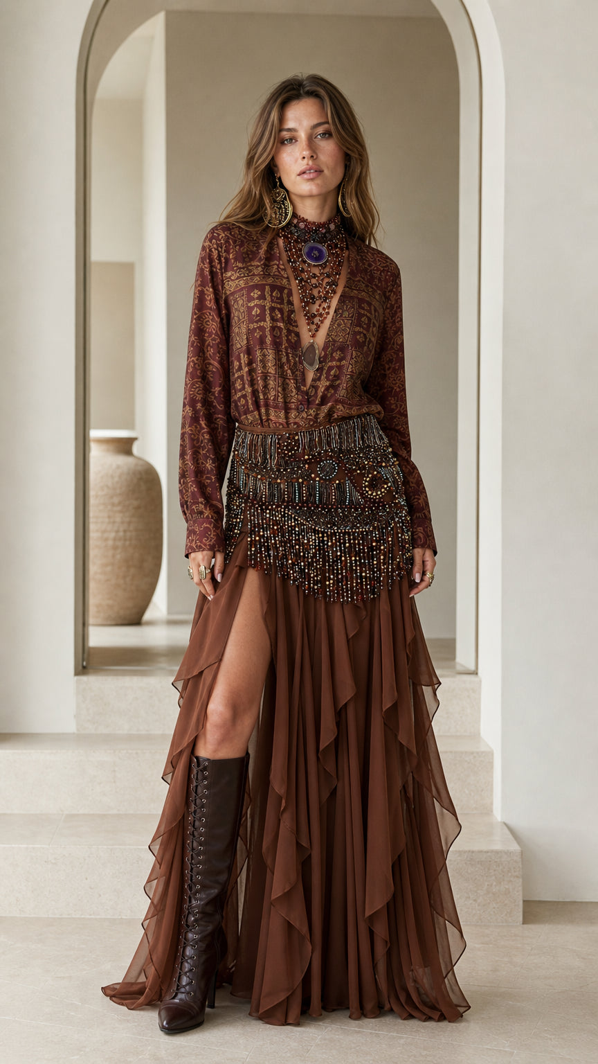 Model wearing brown boho printed blouse and tiered ruffle maxi skirt set front view