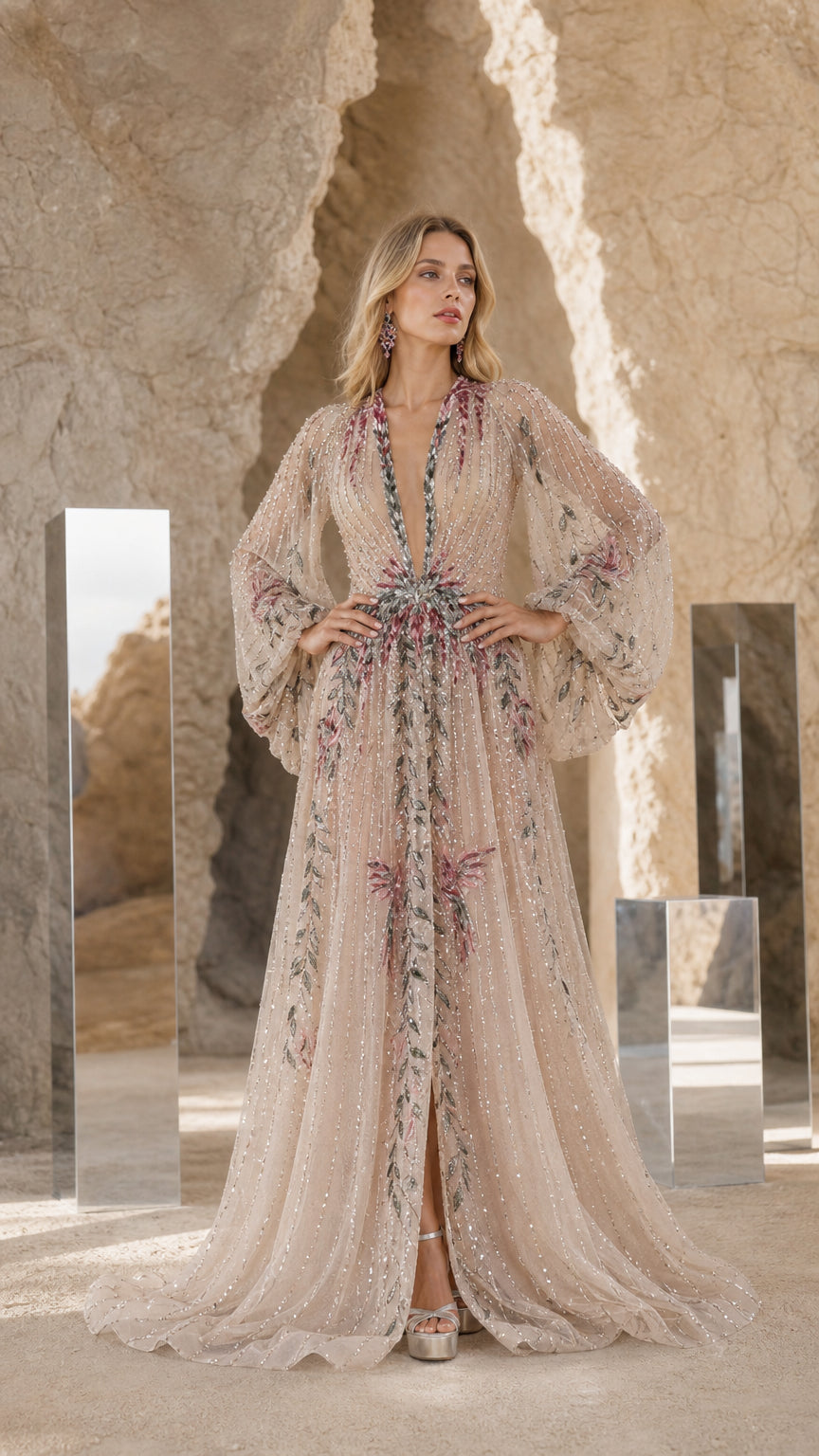 Front view of Champagne embroidered beaded long sleeve evening gown
