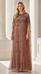 Front view of dusty rose beaded mesh cape maxi dress