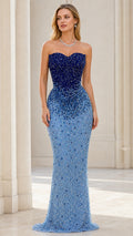 Front view of model wearing blue ombre beaded strapless mermaid evening gown