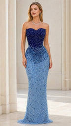 Front view of model wearing blue ombre beaded strapless mermaid evening gown