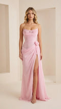Front view of model wearing the pink strapless corset evening gown