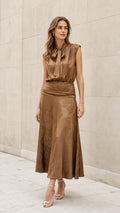 Front view of model wearing brown tie-neck midi dress
