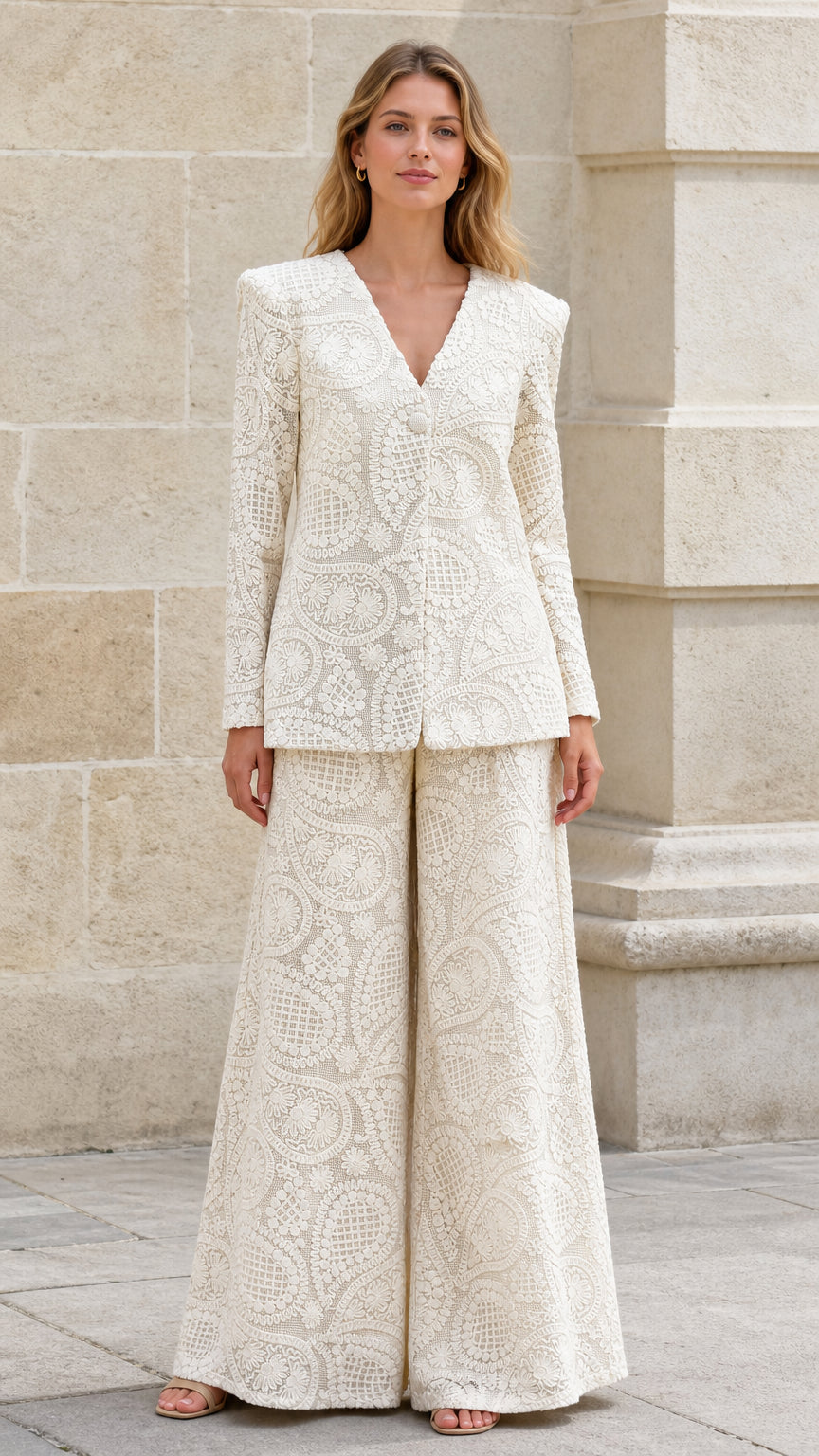 Front view of cream textured blazer and wide-leg pants set