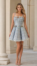 Front view of Light Blue celestial cage mini dress