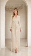 Model wearing Champagne Elegance Sequin Long Sleeve Maxi Dress from the front