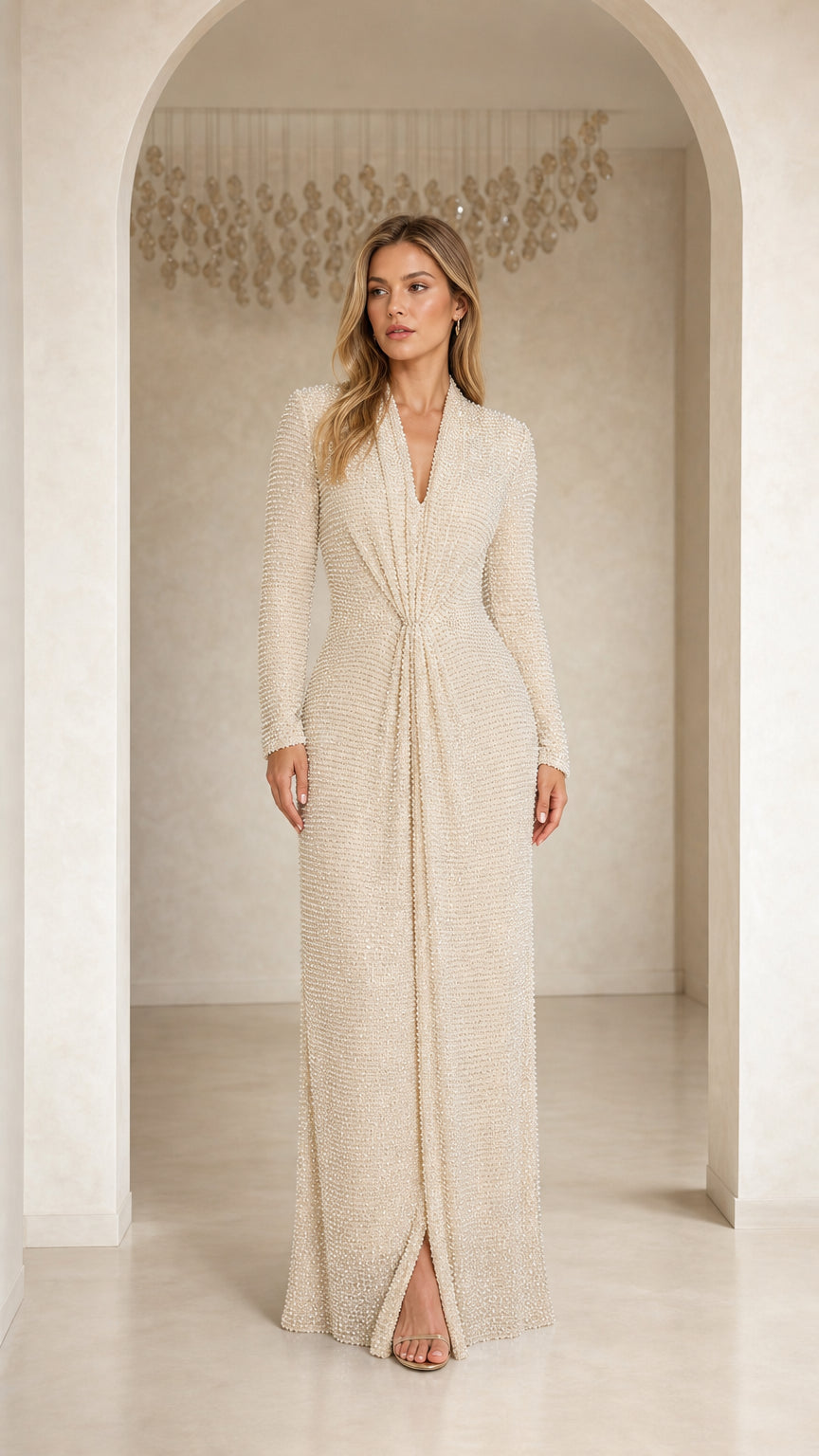 Model wearing Champagne Elegance Sequin Long Sleeve Maxi Dress from the front