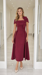Front view of burgundy bow accent midi dress