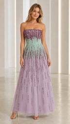 Front view of model wearing lavender sequin strapless evening gown