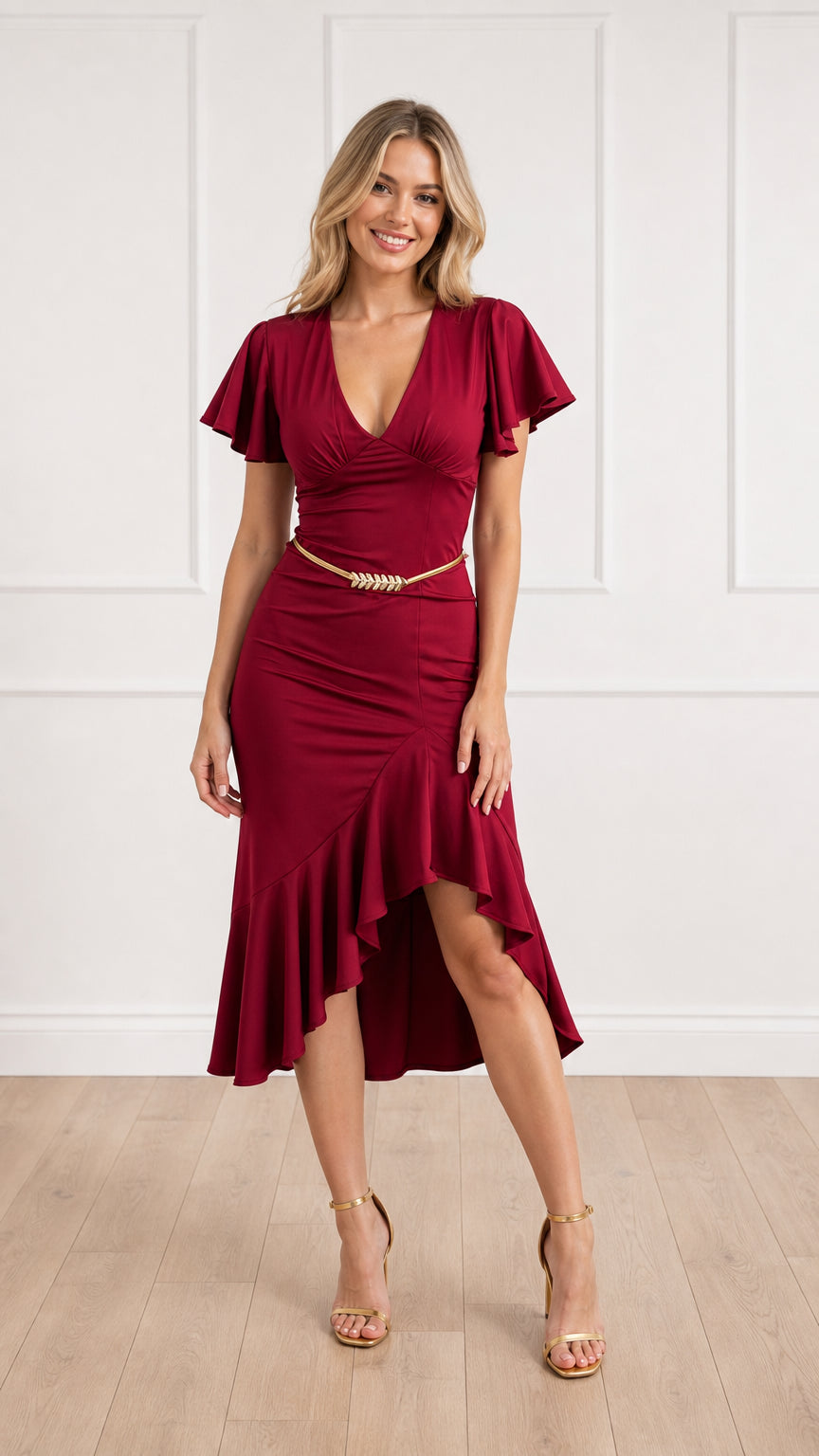 Front full view of burgundy v-neck midi dress with flutter sleeves and belt