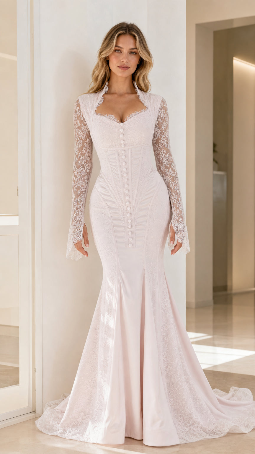 Elegant pink lace sleeve mermaid long dress front view