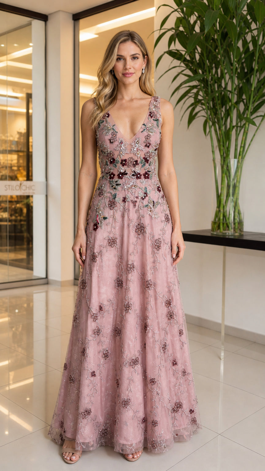 Front view of model wearing blush pink floral embroidered evening gown