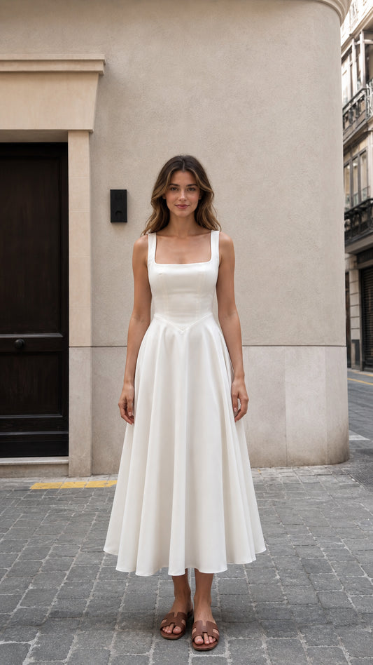 Front view of woman wearing white square neck midi dress