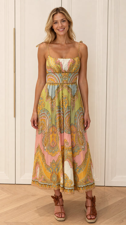 Front view of model wearing multi-color paisley tie-strap midi dress