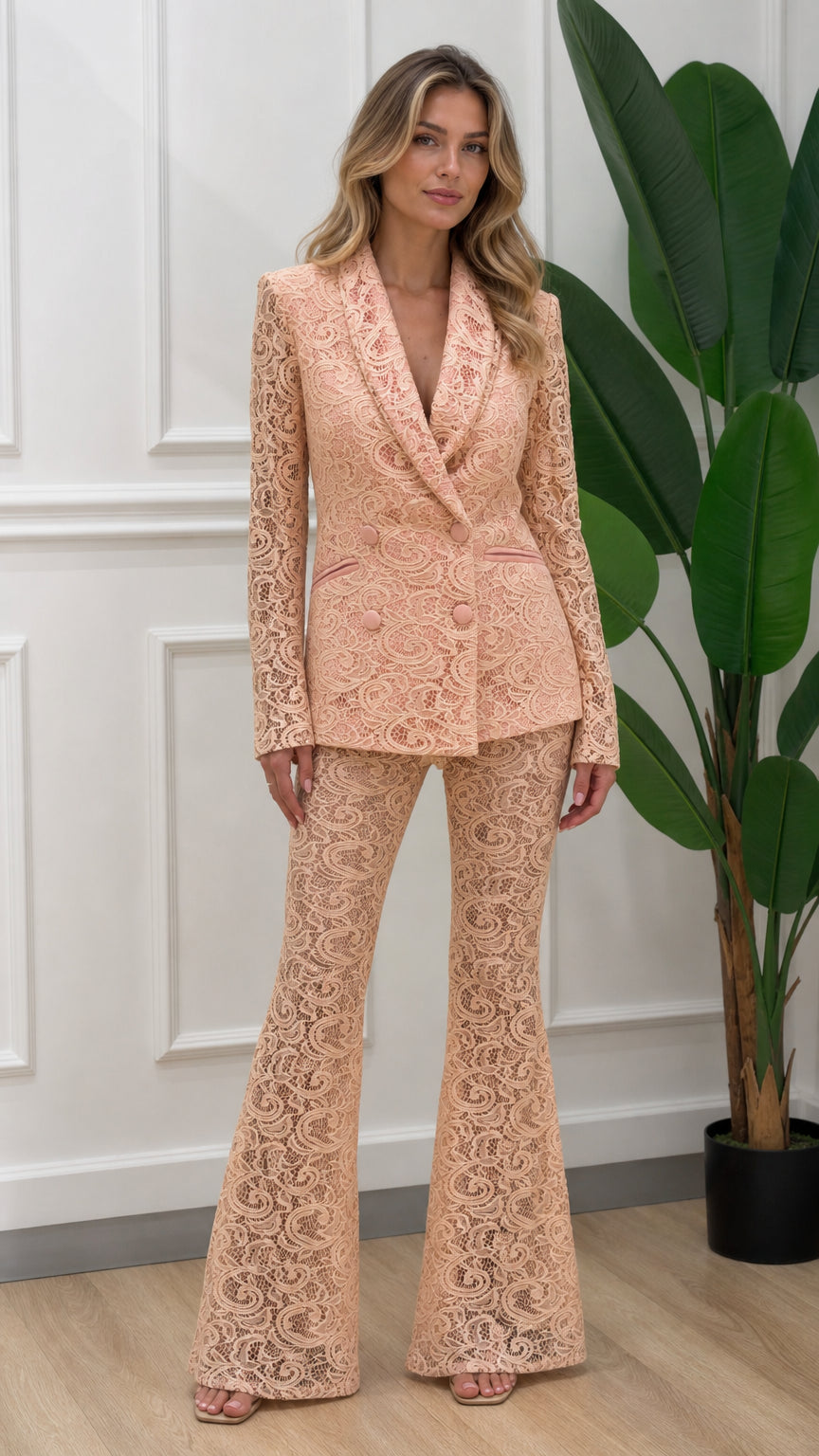 Full length front view of apricot lace blazer and pants set