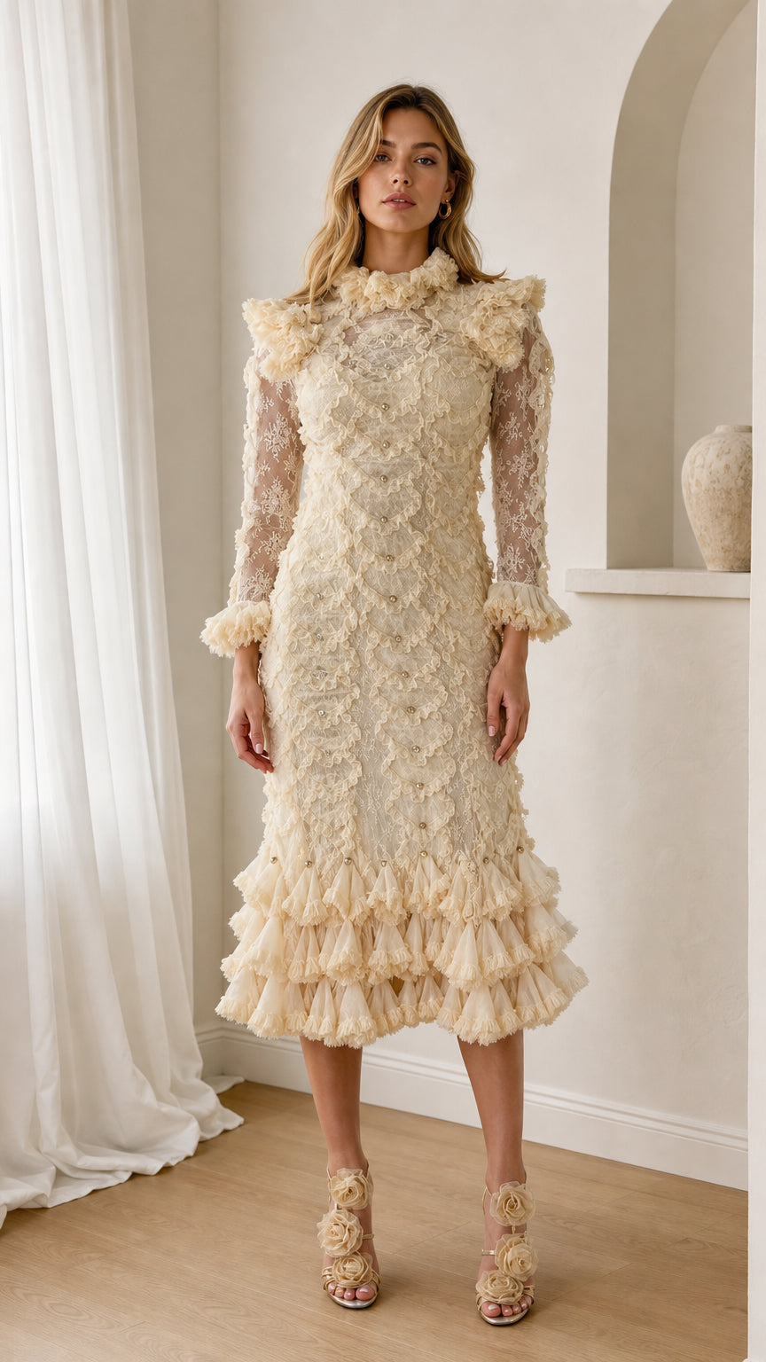 Front view of cream ruffled lace midi dress