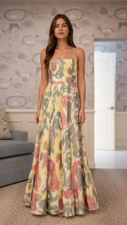Front view of model wearing abstract multi-color sleeveless maxi dress