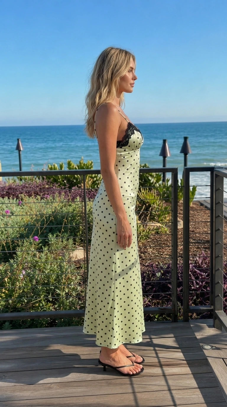 Model wearing mint green polka dot slip dress, side view