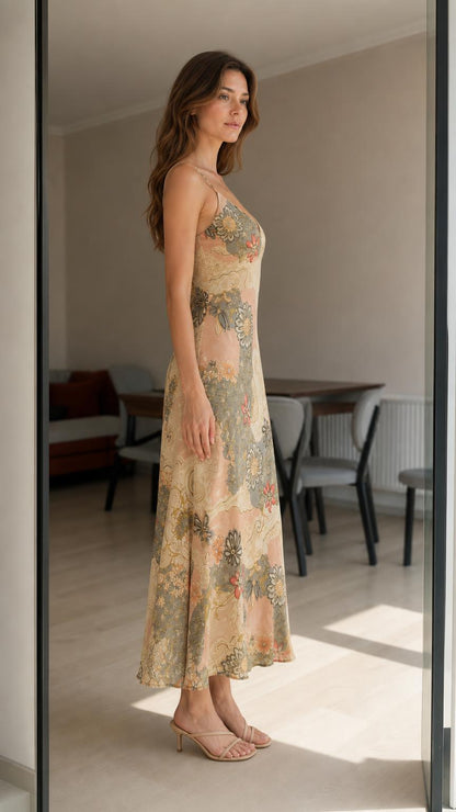 Side view of woman in beige floral slip dress with heels
