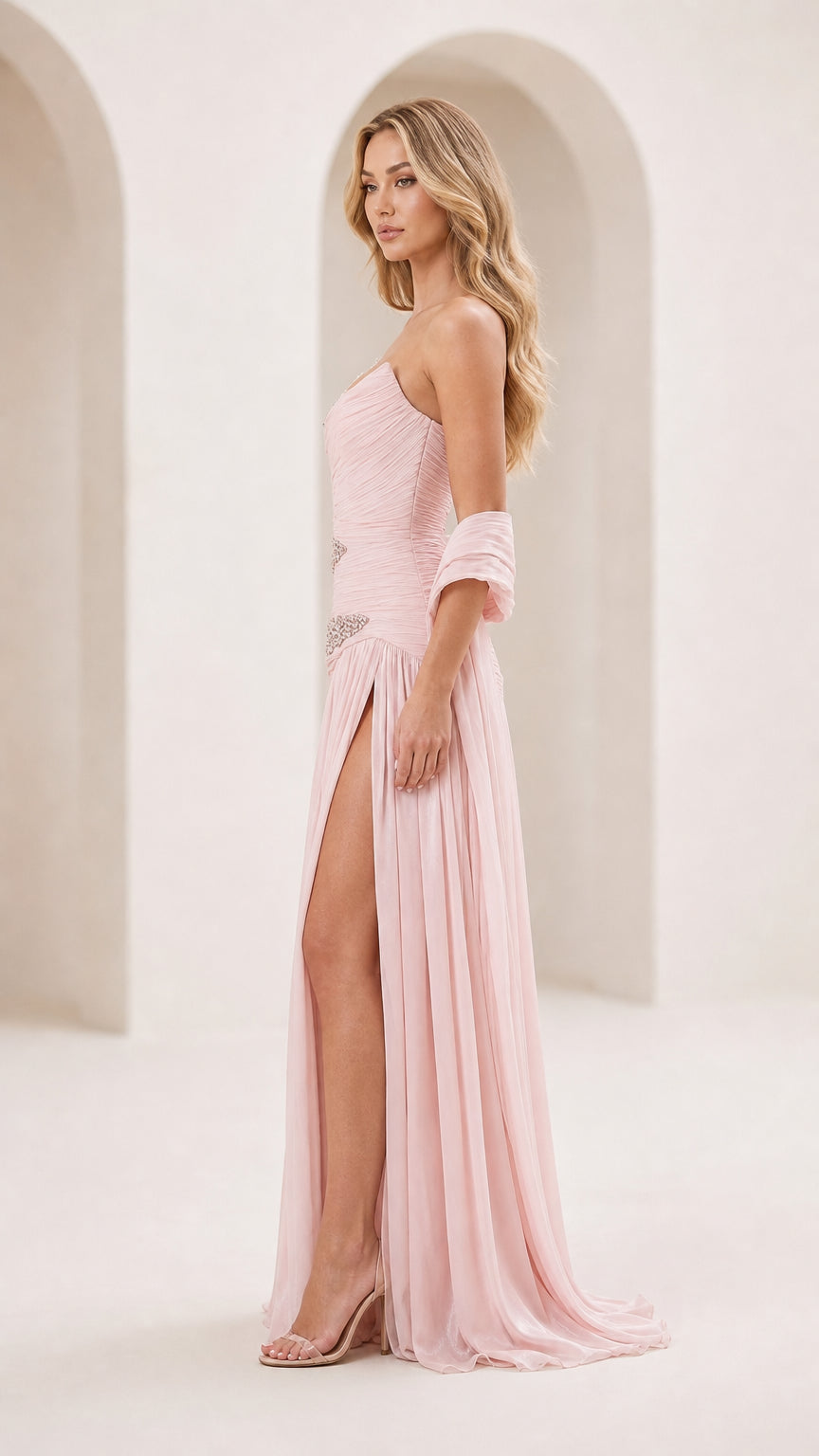 Pink formal dress side profile view