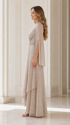 Side view of champagne evening dress with split sleeves