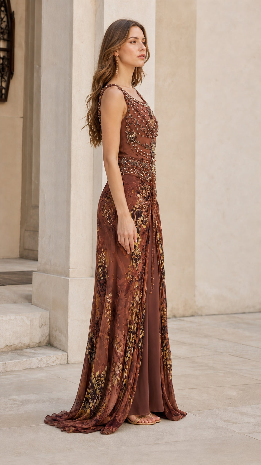 Side profile of brown beaded evening dress