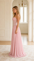 Side profile view of pink evening gown