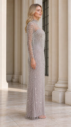 Side profile of model in silver grey floor length formal dress