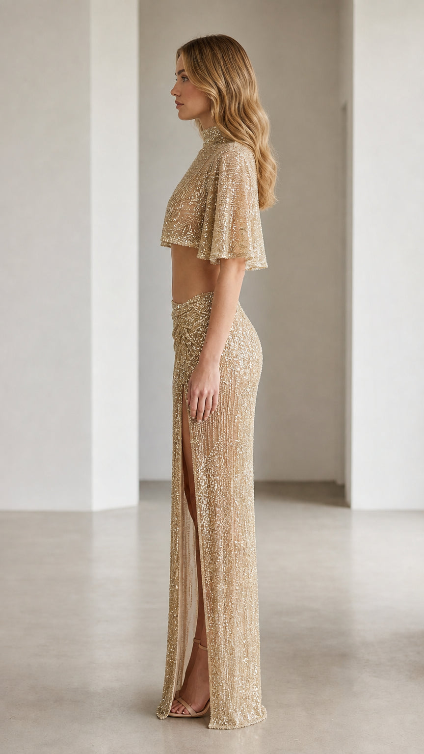 Champagne sequin two-piece outfit shown from the side
