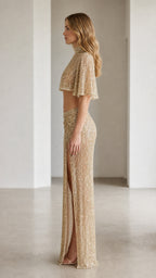 Champagne sequin two-piece outfit shown from the side
