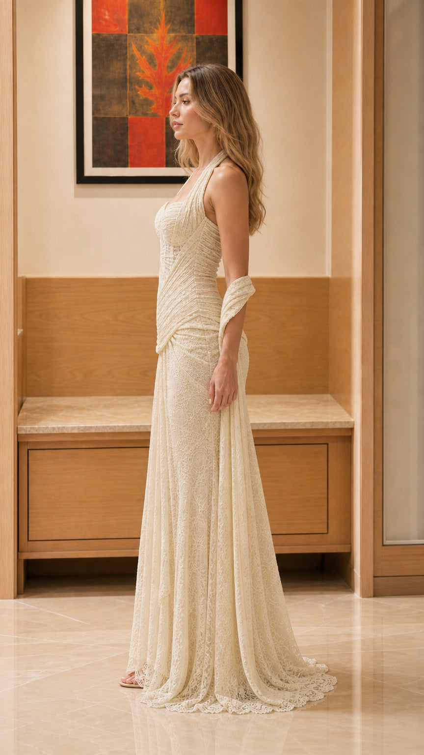 Side profile view of the champagne lace maxi dress