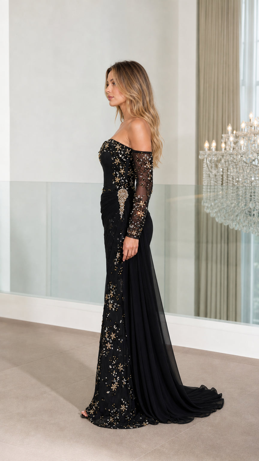 Side profile view of black evening gown showing silhouette and train