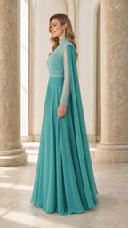 Side profile view of teal evening dress